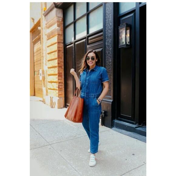 Everlane The Short Sleeve Denim Overall Button Up Blue Jumpsuit Organic Cotton 8 - Picture 5 of 16